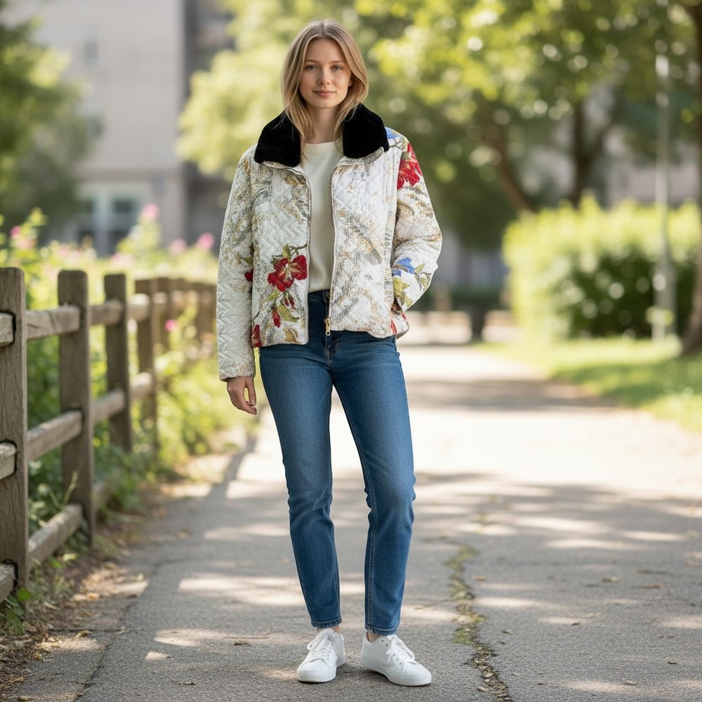 Obermeyer Quilted Ski Jacket 8 White Floral Winter Elegance Zip Faux Fur Collar
